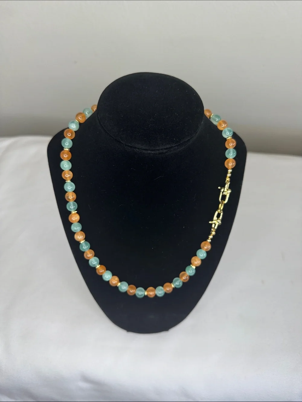 Two-Tone Mint Green and Orange Beaded Necklace 18” Gold filled.